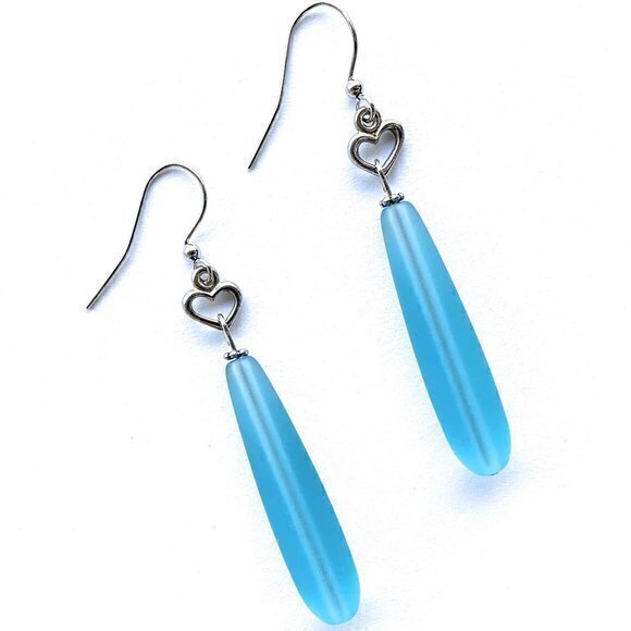 Darlene's Gift Shop Jewelry - Blue Sea Glass Dangle Earrings with Hearts Womens Girls Beach Jewelry Gifts